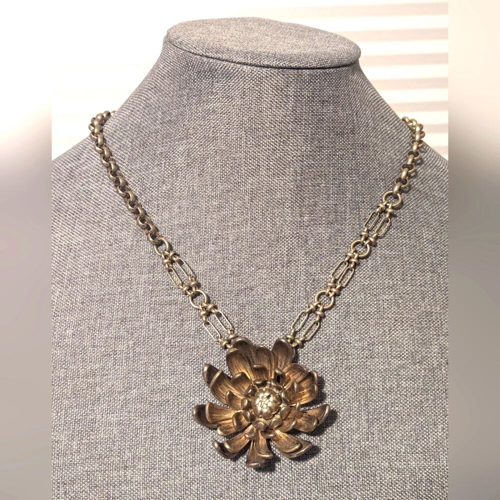 Jessica Simpson Antique Gold Tone Dimensional Textured Statement Flower Necklace